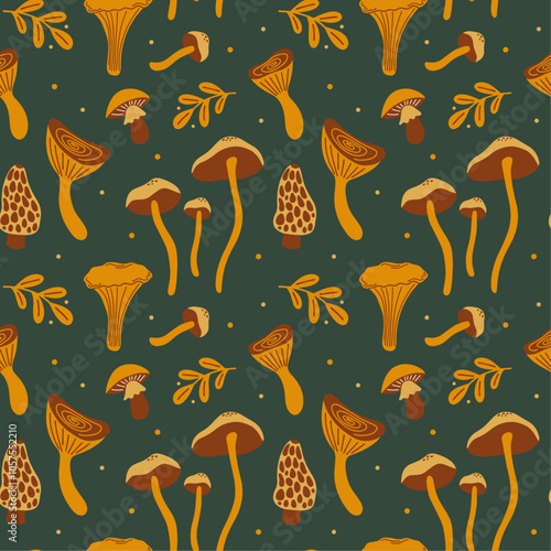 Seamless pattern design with various mushrooms in retro cartoon groovy 70s hippie funky style. Different types of fungi vector illustration. Abstract colored shrooms for wrapping paper decoration