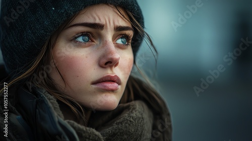 A woman staring into the distance with an exhausted, vacant expression