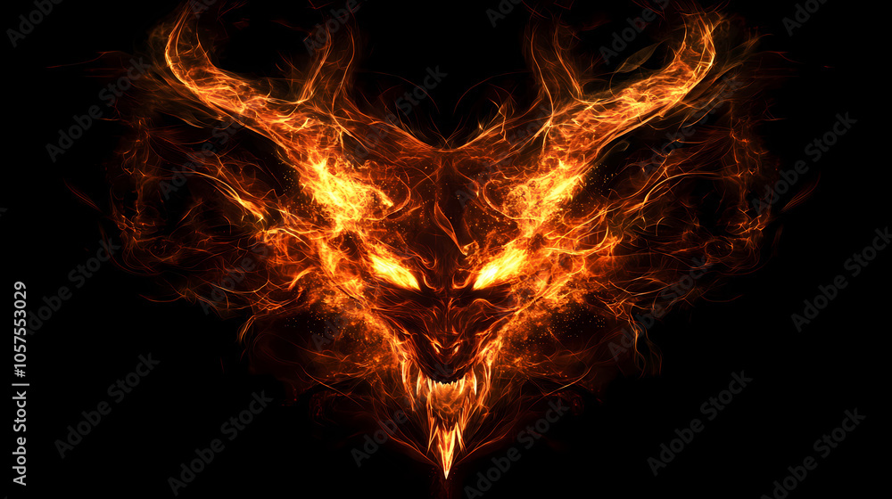 Fototapeta premium Hot flaming fiery fire flames on pure black background wallpaper. Fire Demon. Illustration