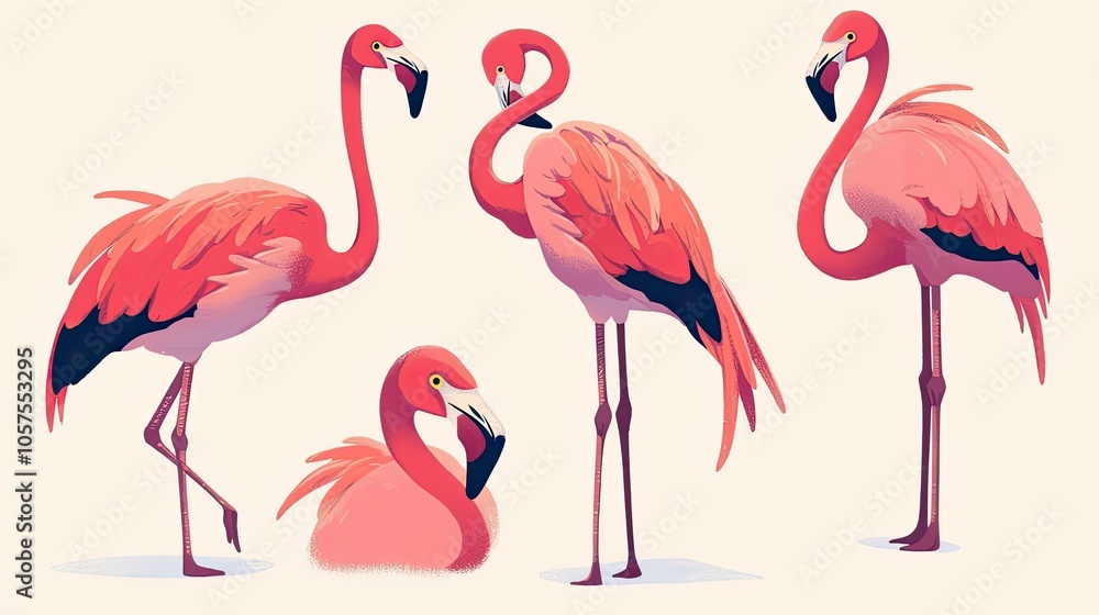 Obraz premium Four Pink Flamingos in Various Poses Against a White Background