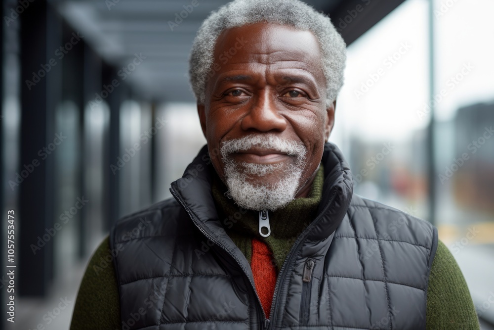 Portrait of a blissful afro-american man in his 60s dressed in a water-resistant gilet in front of empty modern loft background Portrait of a blissful afro-american man in his 60s dressed in a water-resistant gilet in front of empty modern loft background
