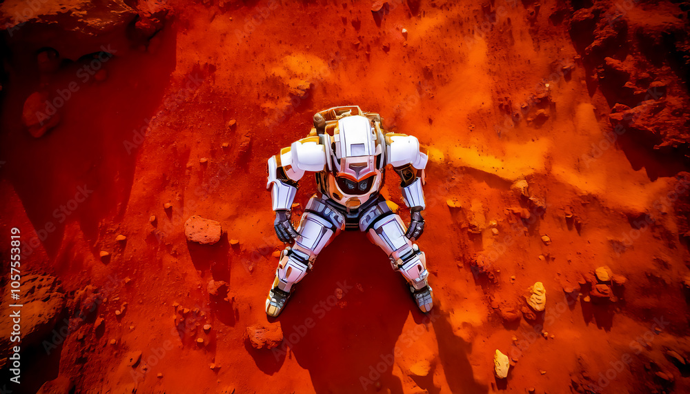 Obraz premium Astronaut in armored and robotic spacesuit standing on planet surface, Starship troopers, space exploration and galaxy study mission, space science. Robot astronaut