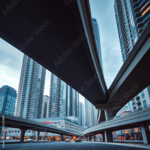 Partly under the elevated gardiner expressway and condominiums at 18 yonge street looking westward to scotiabank arena in downtown toronto canada Condominium   photo