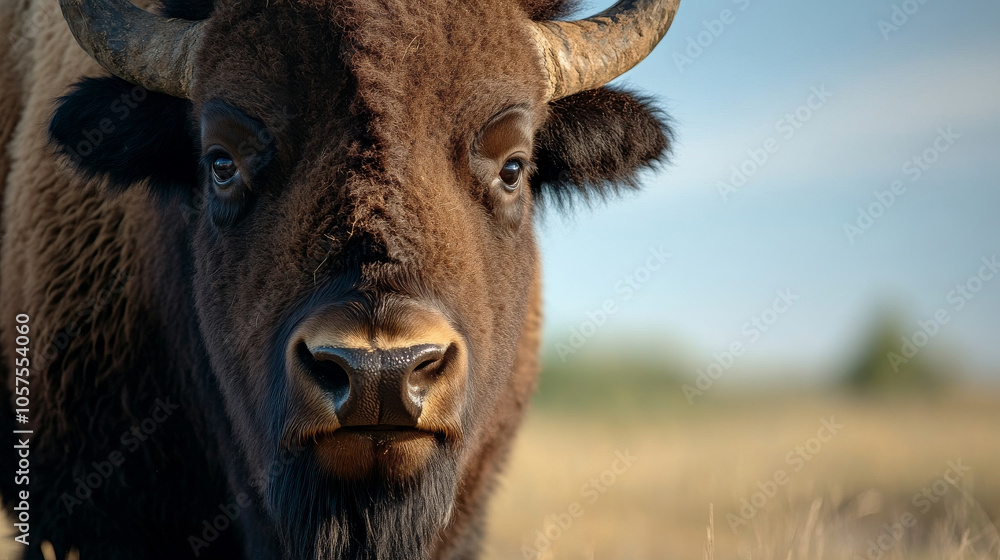 Close up of bison face showcasing its strong features and expression Close up of bison face showcasing its strong features and expression