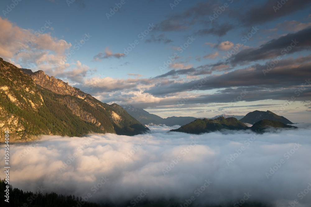 Clouds covering the valleys of the Tennen Mountains, a small, but rugged, mountain range in the Northern Limestone Alps, which lies in front of the Eastern Alps; Austria Clouds covering the valleys of the Tennen Mountains, a small, but rugged, mountain range in the Northern Limestone Alps, which lies in front of the Eastern Alps; Austria