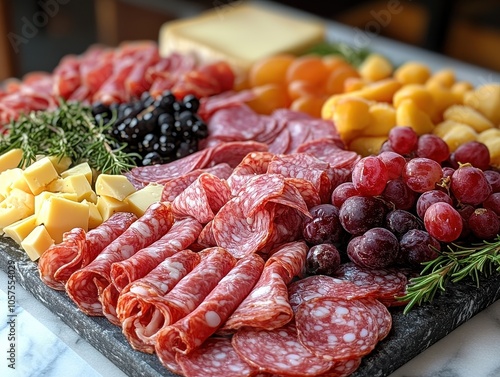 Elegant charcuterie display featuring a variety of cheeses, cured meats, and fresh fruits artfully arranged on a sleek marble surface