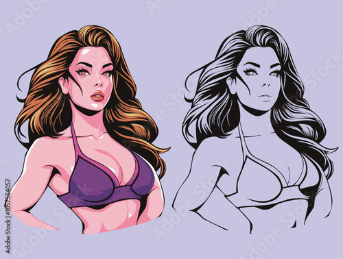 Beautiful young girl in purple swimsuit on the beach.Full of color and line art. Vector illustration