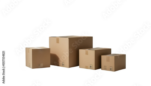 Cardboard mockup boxes arranged in a row on transparent background, illustrating packaging, shipping, or storage. photo