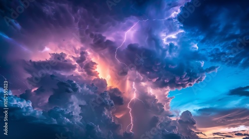 A dramatic lightning strike illuminates a stormy night sky, with the electric bolt splitting the clouds in a vivid display of nature