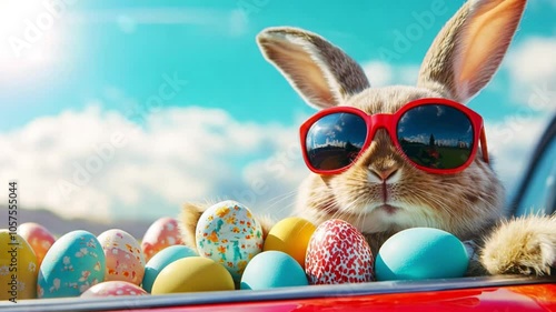 Cute Easter Bunny with sunglasses looking out of a car filed with easter eggs, footage, 4k footage, videos, video clip, slow motion, video wallpaper, animation, 4k