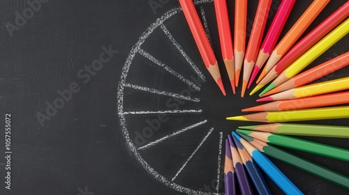 Vibrant Rainbow Pencils on Chalkboard, colorful pencils radiating from the center, creating a striking visual display, perfect for educational or artistic themes