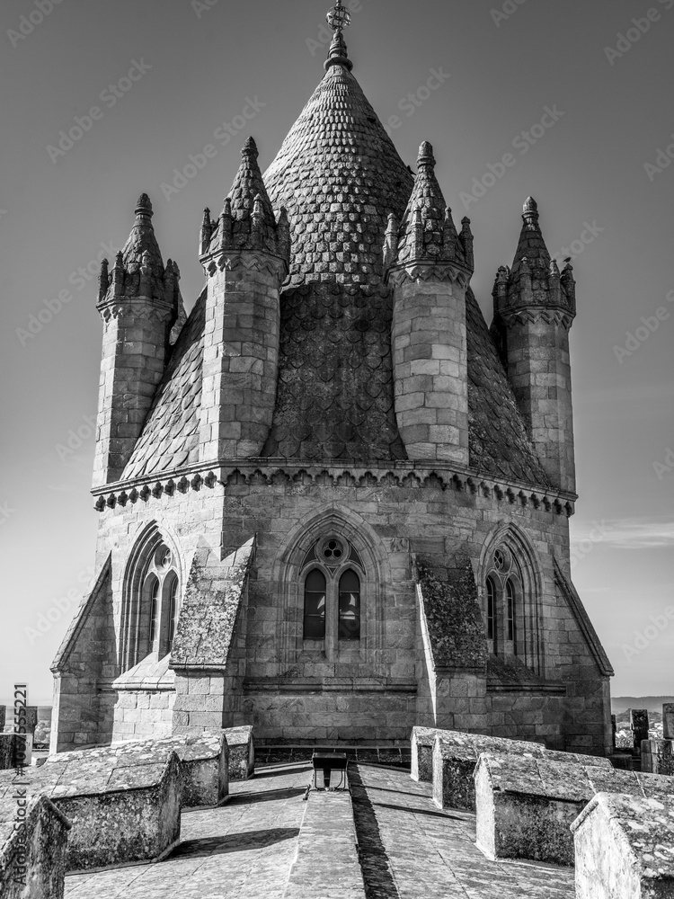 Architecture of Evora Cathedral in the historic city center in Evora, Portugal; Evora, Evora, Portugal Architecture of Evora Cathedral in the historic city center in Evora, Portugal; Evora, Evora, Portugal
