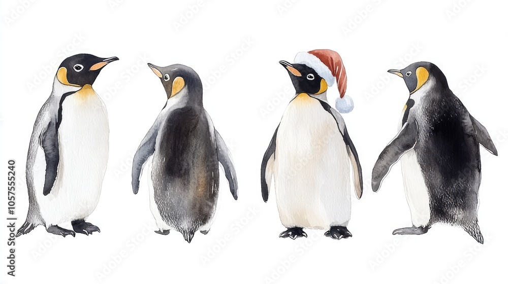Obraz premium A Collection of Cute Penguins Wearing Santa Hat in Watercolor
