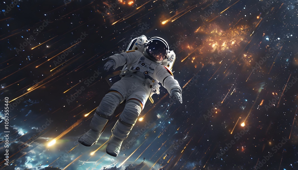 Fototapeta premium Astronaut Spacewalking Through a Meteor Shower 