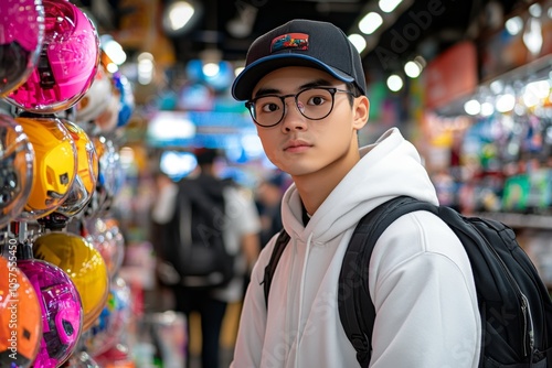 Person glancing nervously at a security camera in a convenience store, capturing the subtle anxiety of being observed, symbolizing suspicion and awareness photo