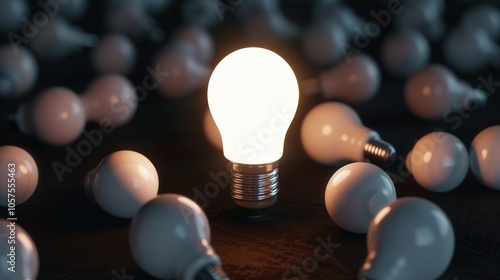 Illuminated Idea in Darkness, a single vibrant bulb stands out among dimmed bulbs, symbolizing innovation and originality in a three-dimensional space