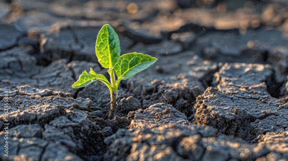 A young plant pushing through the surface of dry earth, with visible soil particles clinging to its tender leaves. Close-up photo with clean background A young plant pushing through the surface of dry earth, with visible soil particles clinging to its tender leaves. Close-up photo with clean background