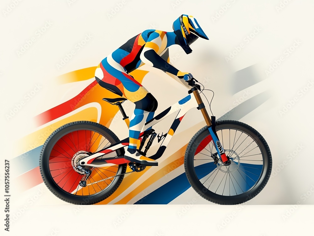 Fototapeta premium Mountain biker in colorful gear riding downhill.