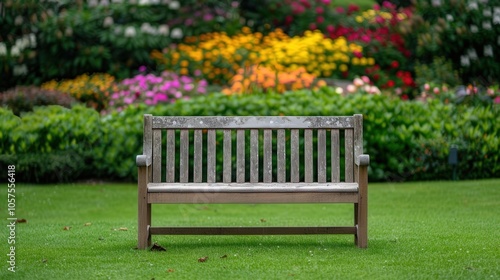 Wooden bench in vibrant wildflower meadow, inviting rest among lush greenery, serene atmosphere enhances natural beauty and tranquility, perfect for peaceful reflection.