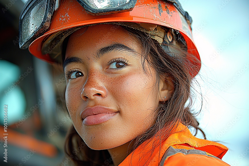 Confident Woman in Hard Hat and Safety Glasses Construction Industry Portrait Confident Woman in Hard Hat and Safety Glasses Construction Industry Portrait