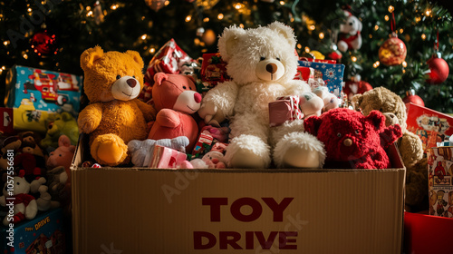 Christmas Toy Drive Box Full of Teddy Bears and Gifts in Front of Decorated Tree