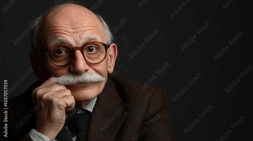 Elderly Man with Glasses in Pensive Pose on Dark Background Elderly Man with Glasses in Pensive Pose on Dark Background