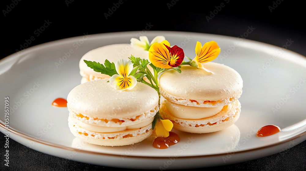 Delicate macarons adorned with edible flowers for an elegant dessert presentation Delicate macarons adorned with edible flowers for an elegant dessert presentation