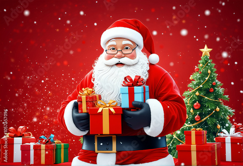 Festive Christmas picture, Santa Claus with a bag full of gifts