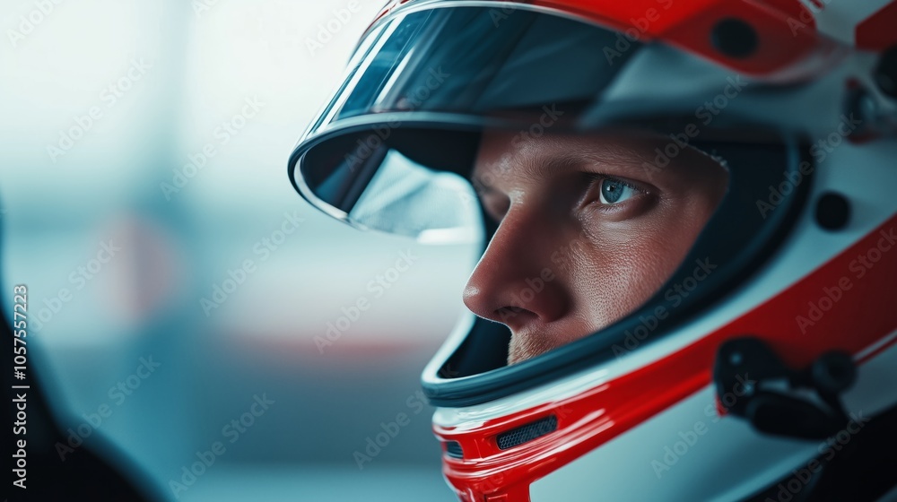 Man wearing a racing helmet is looking at the camera Man wearing a racing helmet is looking at the camera