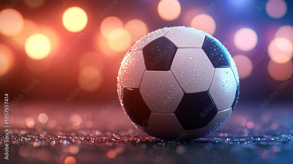 Naklejka premium Wet Soccer Ball with Bokeh Lights Sport Game Night Competition Championship