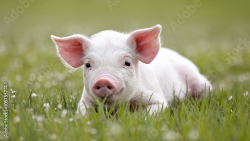 White piglet resting on green grass with closed eyes, appearing serene