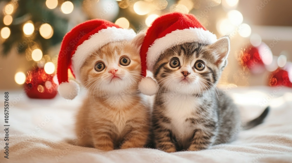 Adorable kittens wearing Santa hats, sitting together on a soft, festive background with holiday decorations in the background. Adorable kittens wearing Santa hats, sitting together on a soft, festive background with holiday decorations in the background.