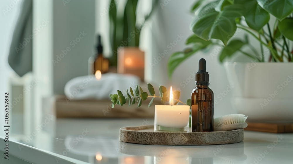 Calming spa arrangement with candlelight and essential oil container Close-up photo with clean background Calming spa arrangement with candlelight and essential oil container Close-up photo with clean background