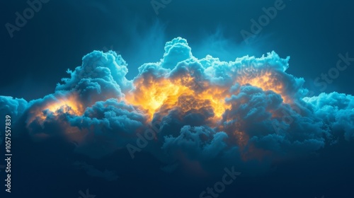 Bright neon yellow lights highlight the contours of a thick cloud formation, creating a luminous effect against a deep blue backdrop. Close-up photo with clean background photo