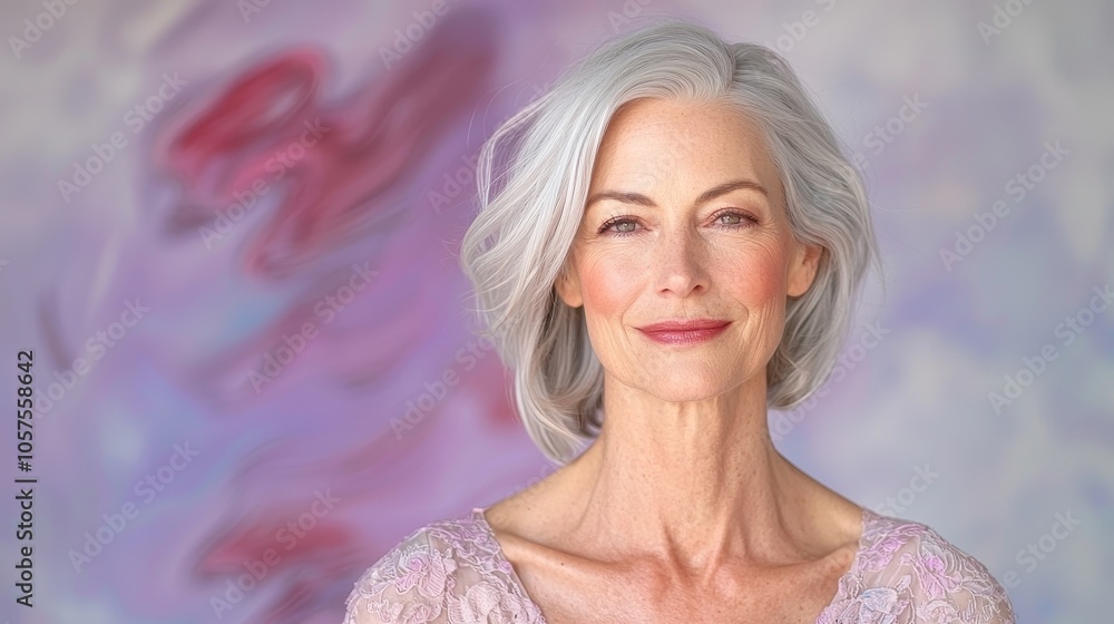 Elegant portrait of a mature woman with silver hair against a soft abstract background reflecting beauty and confidence in aging Elegant portrait of a mature woman with silver hair against a soft abstract background reflecting beauty and confidence in aging