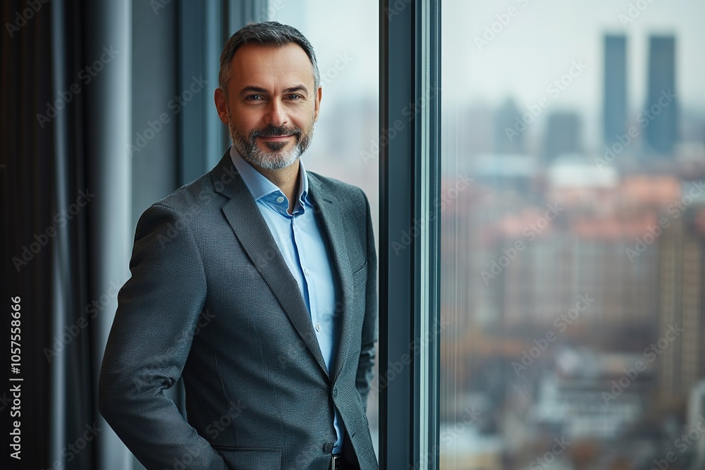 Fototapeta premium Confident businessman by window with city view