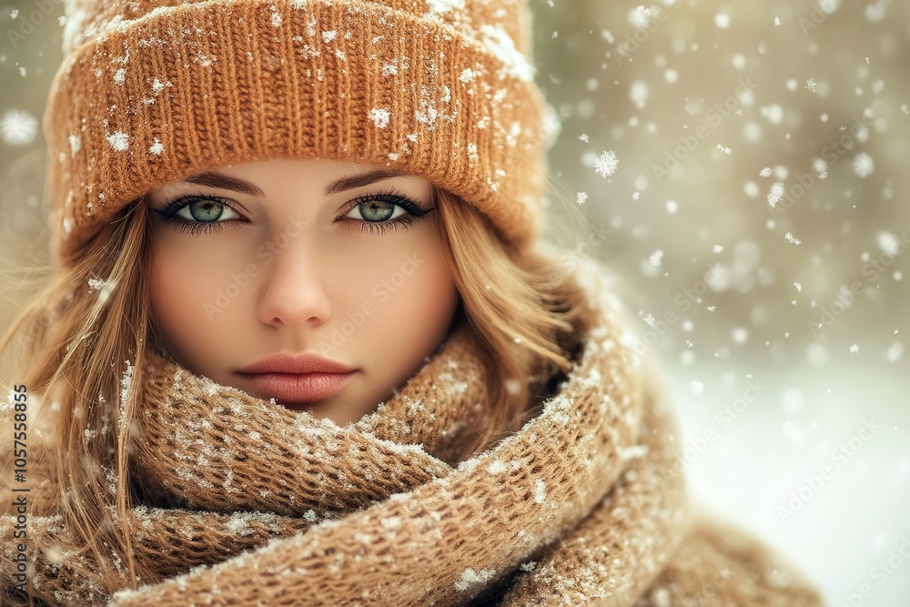 Woman in winter attire with falling snowflakes. Woman in winter attire with falling snowflakes.