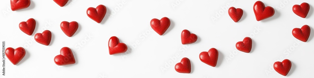 Obraz premium Red hearts scattered on white surface, love concept