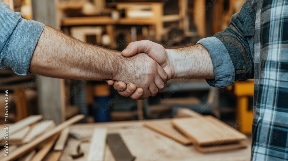 Close-up of two men shaking hands in a woodworking workshop with wooden boards in the background. Close-up of two men shaking hands in a woodworking workshop with wooden boards in the background.