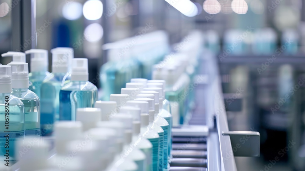 Conveyor belt with neatly lined up beauty products for packaging Close-up photo with clean background Conveyor belt with neatly lined up beauty products for packaging Close-up photo with clean background