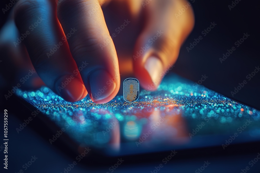 Finger on futuristic glowing chip on device Finger on futuristic glowing chip on device