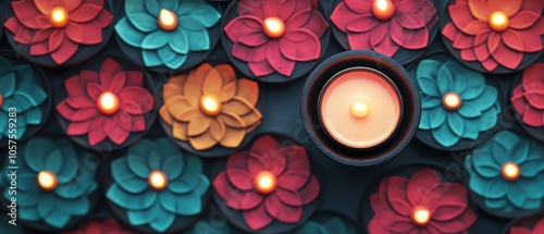 Decorative diyas arranged in beautiful patterns, glowing softly, Festival of Lights design photo