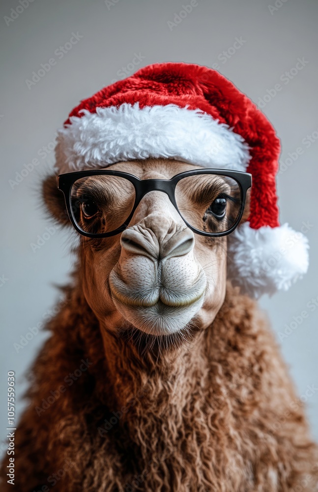 A Camel in Santa Hat and Glasses Celebrating Christmas Cheerfully A Camel in Santa Hat and Glasses Celebrating Christmas Cheerfully
