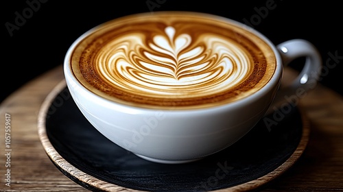 Closeup Latte Art Coffee Cup with Foam and Wooden Coaster