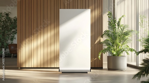 Roll up mockup poster stand. A roll-up booth in a minimalist environment. Blank space for text 