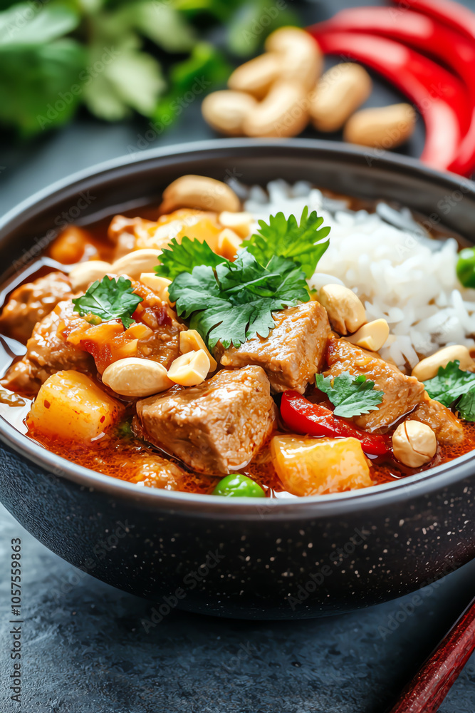 Indulge in the rich flavors of massaman curry a hearty bowl of comfort with fresh cilantro and crunchy peanuts Indulge in the rich flavors of massaman curry a hearty bowl of comfort with fresh cilantro and crunchy peanuts