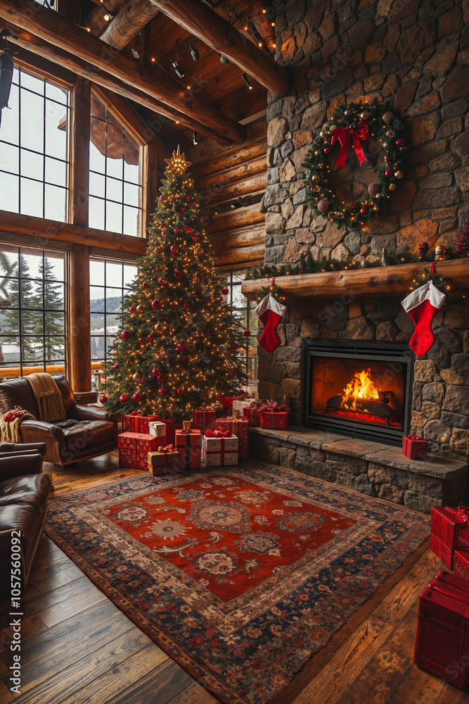Fototapeta premium A cozy living room with a Christmas tree, fireplace, and gifts
