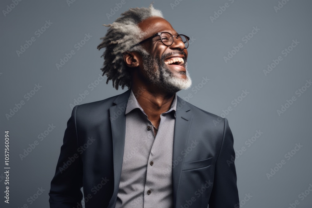 Portrait of a cheerful afro-american man in his 50s dressed in a stylish blazer while standing against plain white digital canvas Portrait of a cheerful afro-american man in his 50s dressed in a stylish blazer while standing against plain white digital canvas