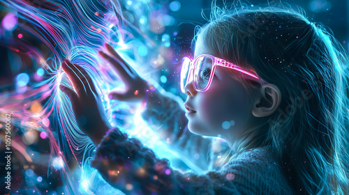 A kid girl interacts with a neural network display. The concept of early learning, future technology, and the curiosity-driven exploration of AI. Generative AI.