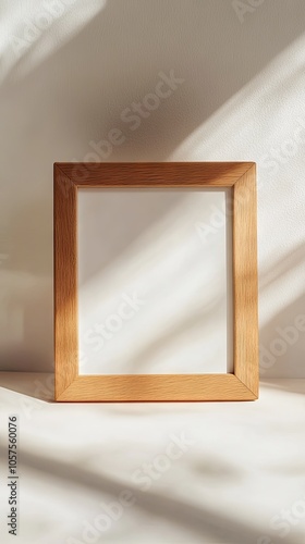 Small square wooden frame mockup. The photo frame rests against the white wall.   photo